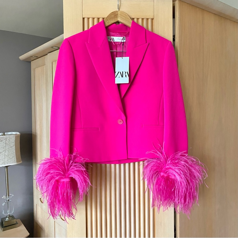 Zara short feather blazer neon fuchsia pink - Picture 8 of 16